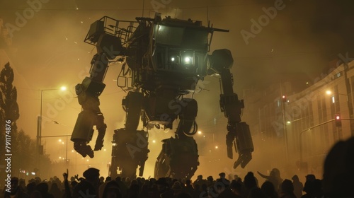 During a tense standoff between protesters and police a giant robot with a heavyduty shield moves towards the crowd ready to protect and maintain peace. . photo