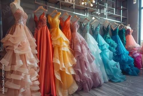 A row of colorful dresses hanging on display racks in a store