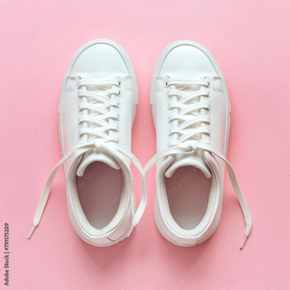 Pair of White Sneakers on Pink Background