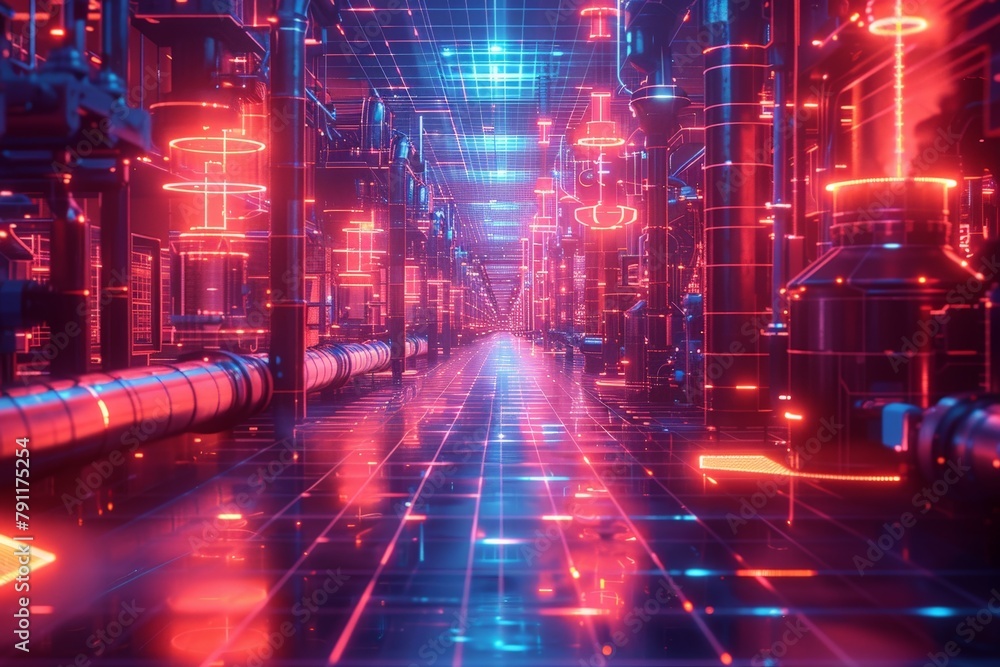 Fototapeta premium Neon-lit factory corridors in high-tech cybernetic design .
