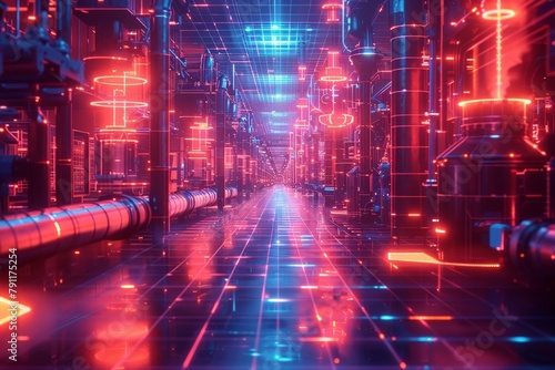  Neon-lit factory corridors in high-tech cybernetic design .