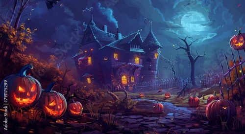 Spooky Halloween Scene With Pumpkins and Castle