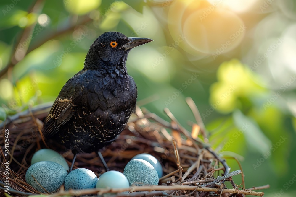 Fototapeta premium A black bird is perched on top of a nest filled with eggs, guarding and protecting its future offspring