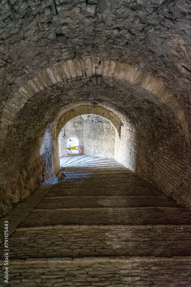 View inside a tunnel of the castle of Gjirokaster, architecture of the Ottoman empire.Girokaster-Albania.