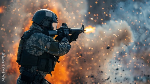 A SWAT team member shielding themselves from the blast radius of a flashbang grenade with a ballistic shield demonstrating proper safety precautions. .