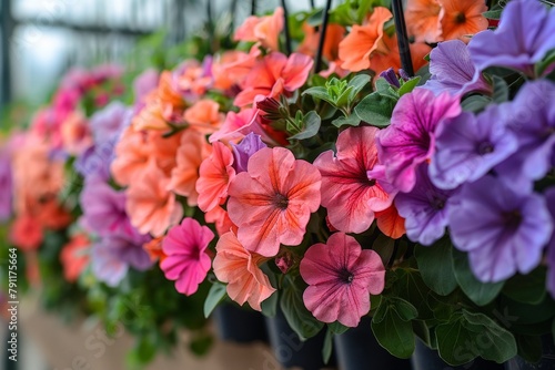 A row of hanging petunia flower pots filled with vibrant and colorful flowers on display