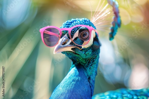  A vibrant blue peacock wearing pink sunglasses, posing in a tropical environment with a blurred green background.