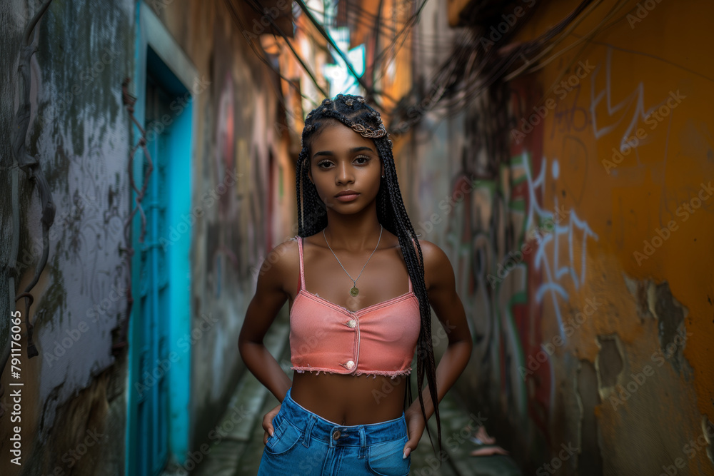 Naklejka premium Woman in a pink top and blue jeans stands in a narrow alleyway