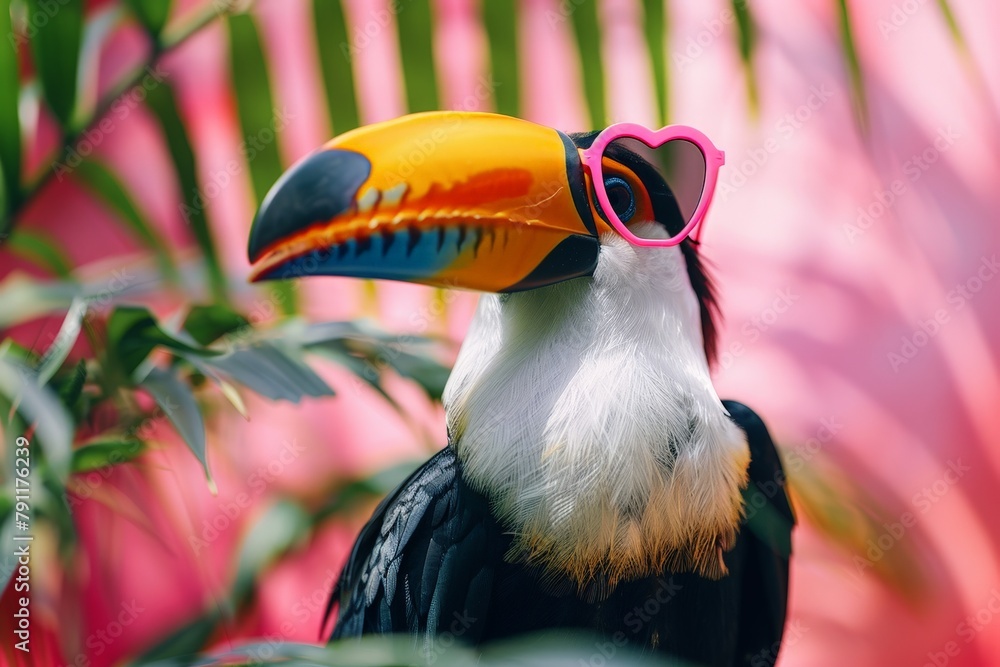 Naklejka premium A vibrant toucan bird adorned with pink sunglasses