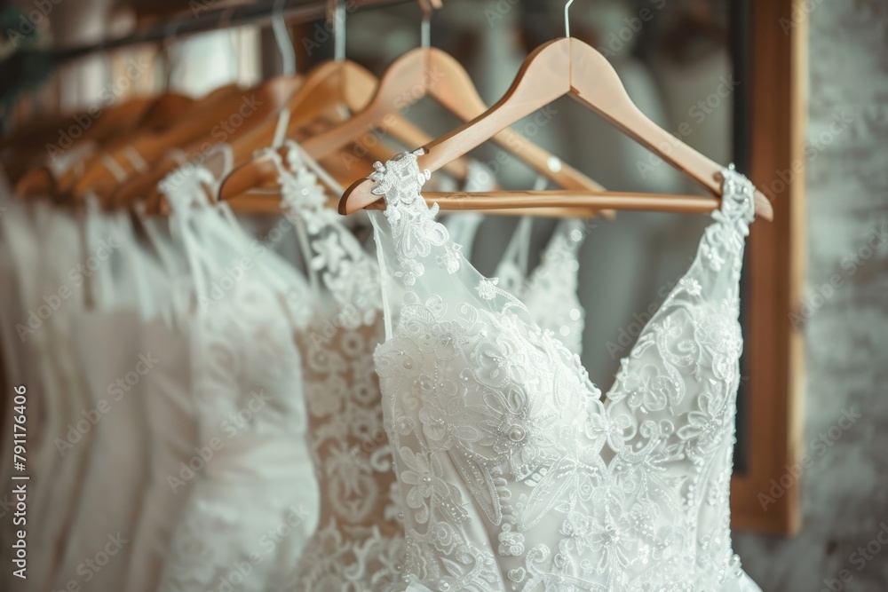 A row of elegant wedding dresses hanging on a clothing rack in a bridal boutique A row of elegant wedding dresses hanging on a clothing rack in a bridal boutique