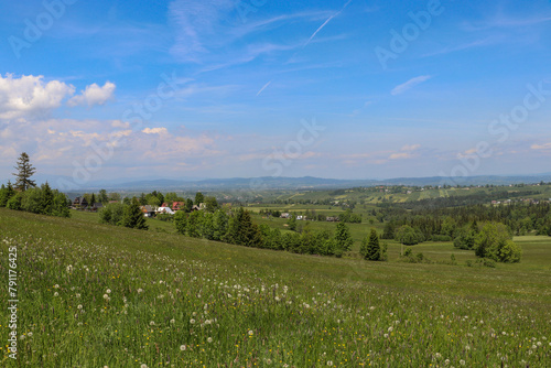 A beautiful panorama of vast Polish meadows against the background of mountains in the Lesser Poland Voivodeship.