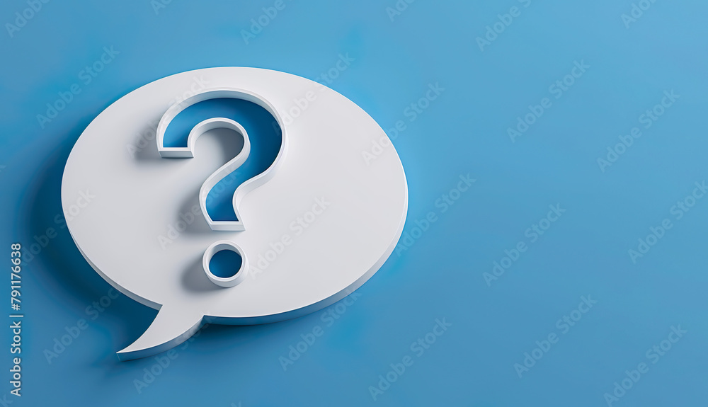 3D illustration of speech bubble with question mark, light blue color and white 3D illustration of speech bubble with question mark, light blue color and white