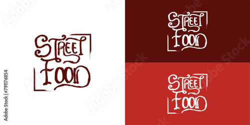 Street Food Chalk Handwriting Typography for Restaurant Cafe Bar logo design in deep red color. Street food festival logo design template in multiple background colors