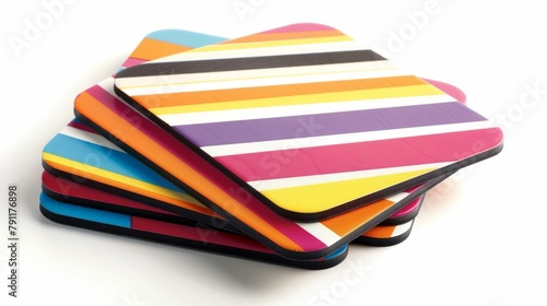 Blank mockup of four coasters featuring colorful stripes in varying widths. .