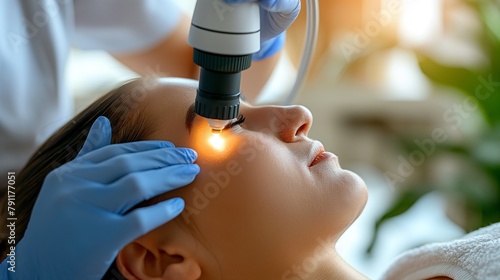 A dermatologist utilizes a dermatoscope to inspect skin lesions and moles on the patient's body for melanoma diagnosis and prevention