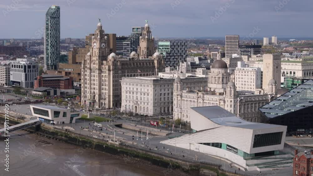 Aerial view of Liverpool skyline with the Three Graces in the centre of the frame Aerial view of Liverpool skyline with the Three Graces in the centre of the frame