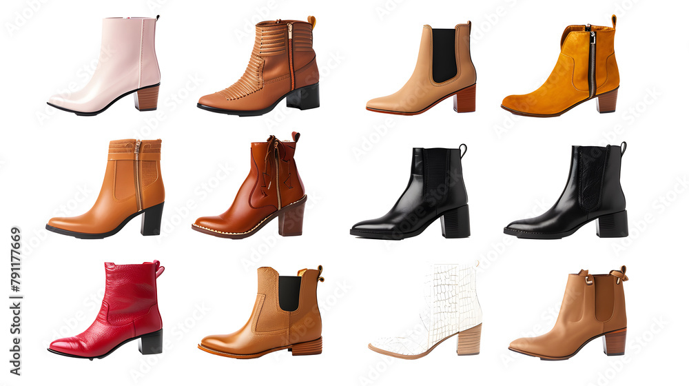 Cutouts of two women ladies short boots collection Set of different styles and colors on shop background Cutouts of two women ladies short boots collection Set of different styles and colors on shop background