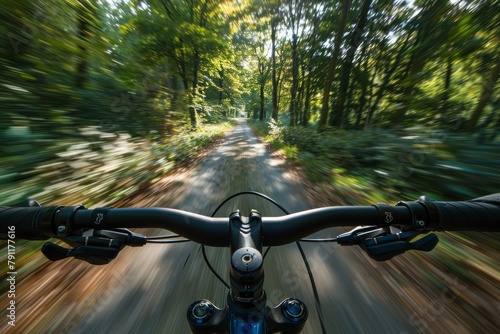 Riding a bicycle through a forest road with grass and terrestrial plants