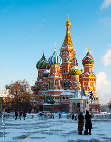 Colorful Cathedral of Intercession of Most Holy Theotokos on Moat or Saint Basils Cathedral on Red Square of Moscow in winter, Russia photo