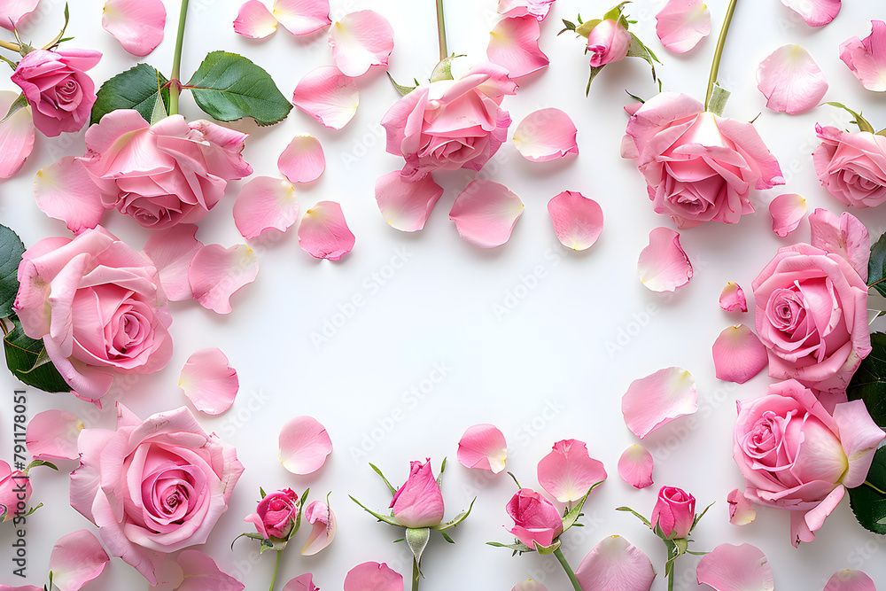 Close up of blooming pink roses flowers and petals isolated on white table background, floral frame composition, decorative web banner, styled stock photo, empty space, flat lay, top view.
