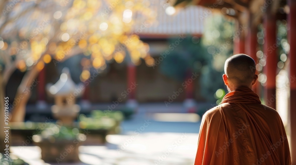 A glimpse into a traditional monastery with monks practicing mindfulness and silent contemplation in a tranquil courtyard. 2d flat cartoon. A glimpse into a traditional monastery with monks practicing mindfulness and silent contemplation in a tranquil courtyard. 2d flat cartoon.