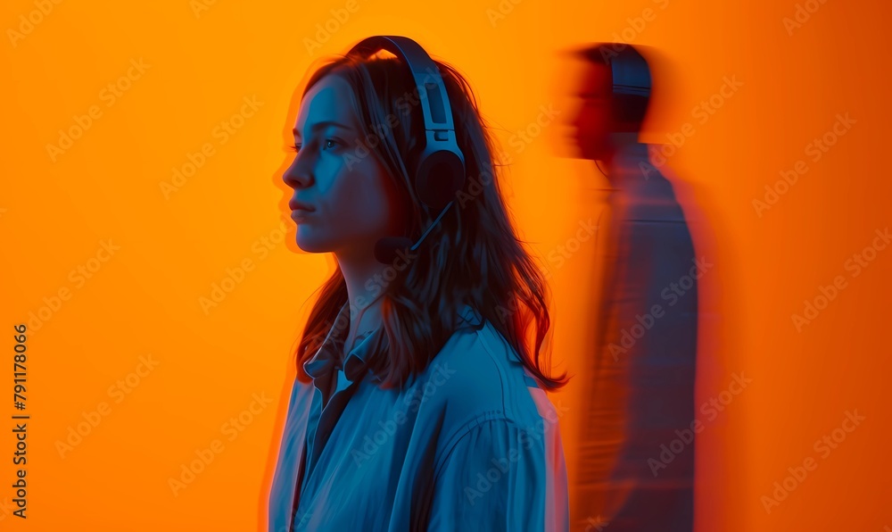 A vibrant portrayal of a young woman lost in music with a blurred figure in the background, evoking movement and feeling