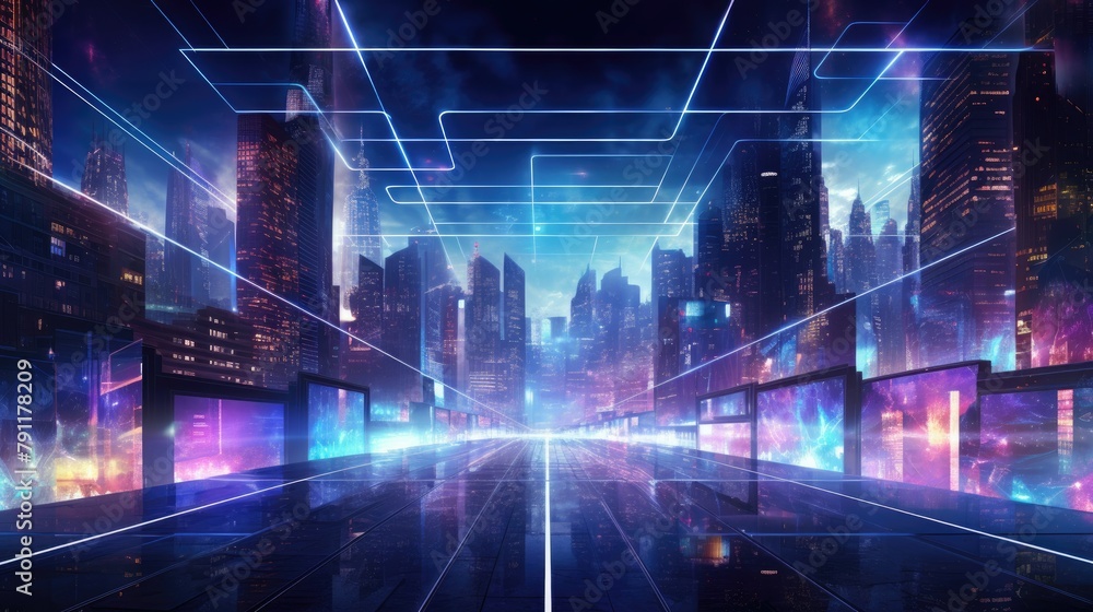 Abstract cyber cityscape with neon lights and digital billboards Abstract cyber cityscape with neon lights and digital billboards