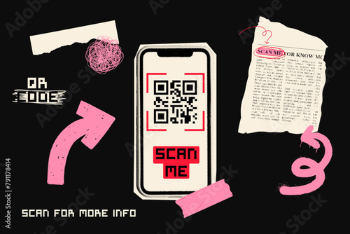 Smartphone with QR code on screen. Scribble, torn paper, fragments of text, arrow. Contemporary halftone.Modern cut out collage. Vintage mixed media design. Retro Y2K magazine elements.