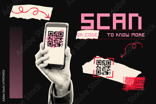 Hand with smartphone with QR code on screen. Scribble, torn paper, arrow. Contemporary halftone dot style. Modern cut out collage banner. Trendy vintage mixed media design. Retro Y2K zine element. 
