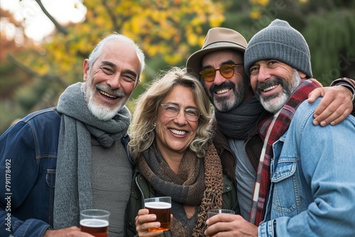 Group of senior friends having fun in the park, drinking beer and laughing photo