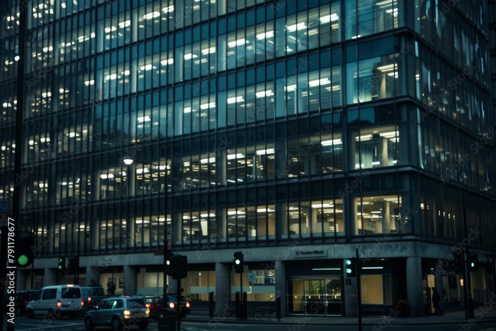 Obraz premium Modern office building windows lit in evening night early morning long working hours exhaustion overtime exterior urban architecture skyscraper lights tower financial sector banking hq headquarters