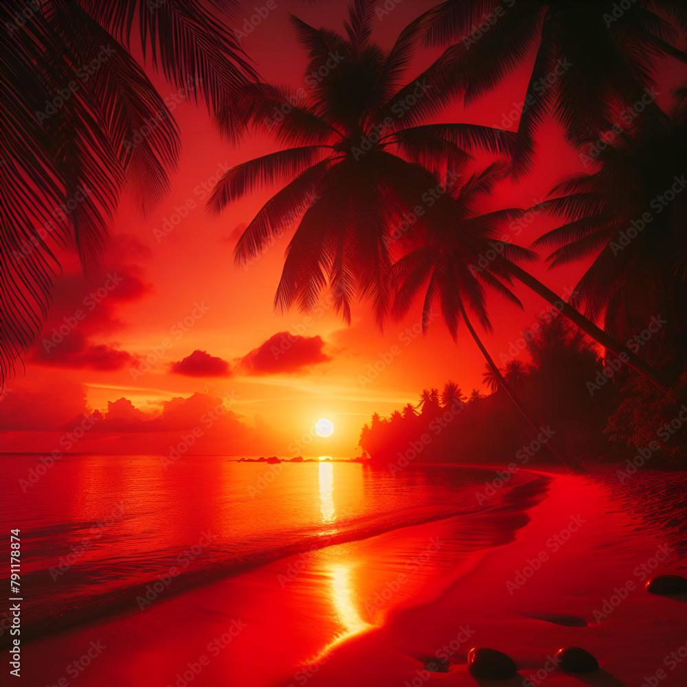 Evening with Colorful Red, Orange Sunset Sky on a Cloudy Tropical Beach with Palm Trees Silhouettes. Summer Sea Hawaiian Island Dawn Dance with First Rays of Morning Light Vacation Rest Time Landscape