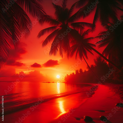 Evening with Colorful Red  Orange Sunset Sky on a Cloudy Tropical Beach with Palm Trees Silhouettes. Summer Sea Hawaiian Island Dawn Dance with First Rays of Morning Light Vacation Rest Time Landscape