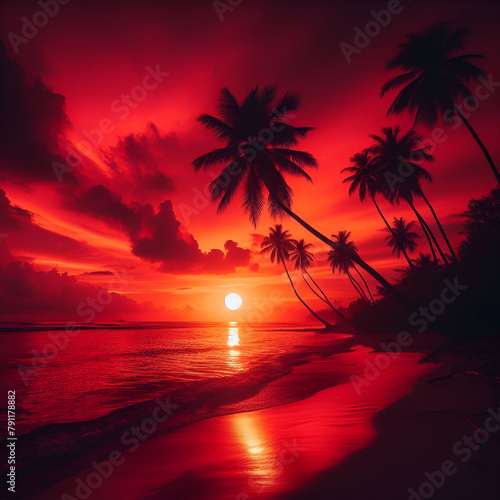 Evening with Colorful Red, Orange Sunset Sky on a Cloudy Tropical Beach with Palm Trees Silhouettes. Summer Sea Hawaiian Island Dawn Dance with First Rays of Morning Light Vacation Rest Time Landscape © Frank