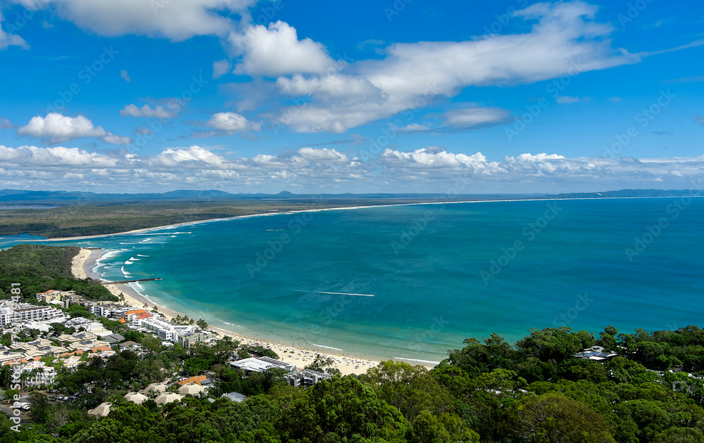 View of the beach and wrap-around coastline of Noosa Queensland Australia
