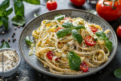 Fresh basil spaghetti with cherry tomatoes