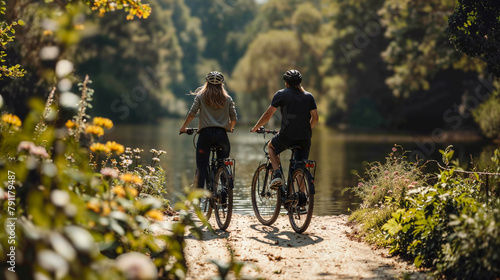 Couple enjoying scenic bike ride by the lake