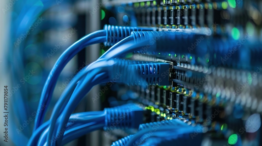 Network Switch and Blue Cable Up Close in the Data Center Network Switch and Blue Cable Up Close in the Data Center