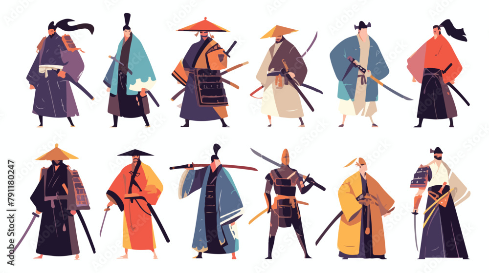 Collection of samurai isolated on white background.