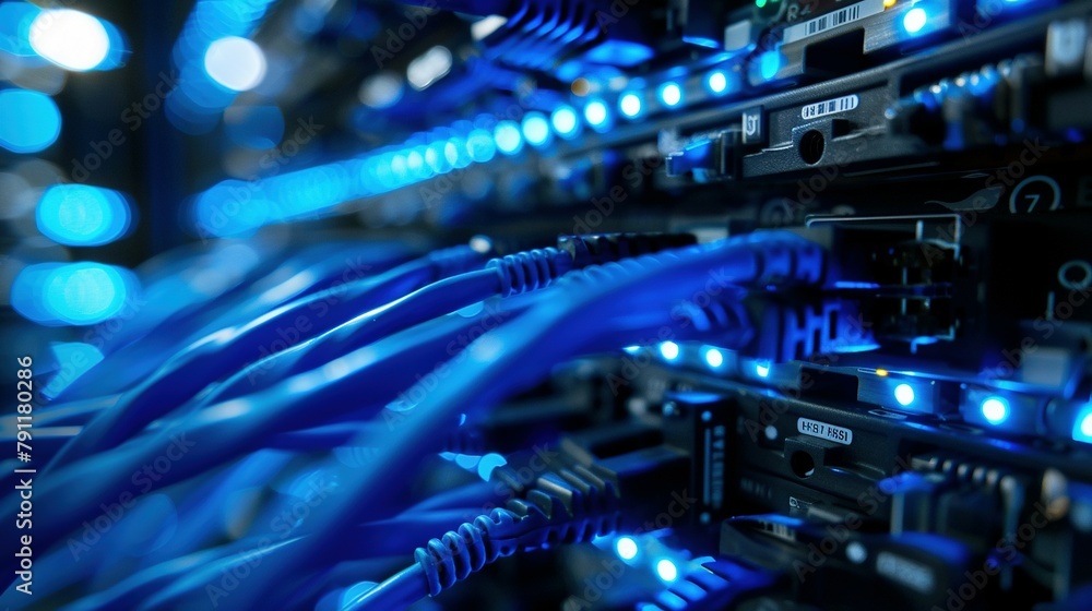 Close-Up of Network Switch and Blue Cable in the Data Center Close-Up of Network Switch and Blue Cable in the Data Center