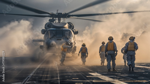 Military helicopter crew on duty at sunrise photo