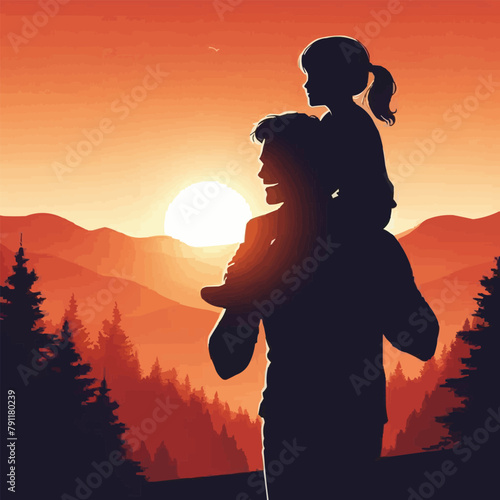Happy Father's Day Background. Silhouette of Family in the mountains and trees vector illustration
