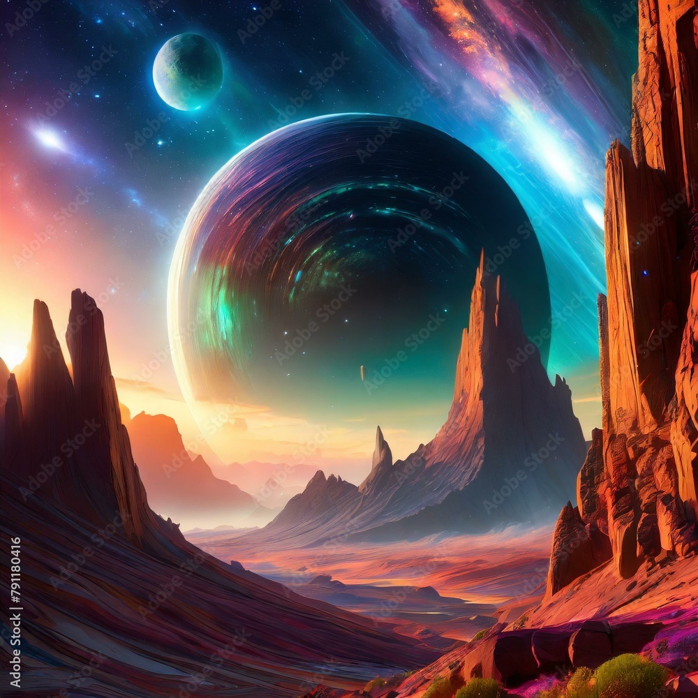  an otherworldly landscape on a distant alien planet, with towering rock formations, iridescent flora, and a sky ablaze with the light of multiple moons and distant galaxies.