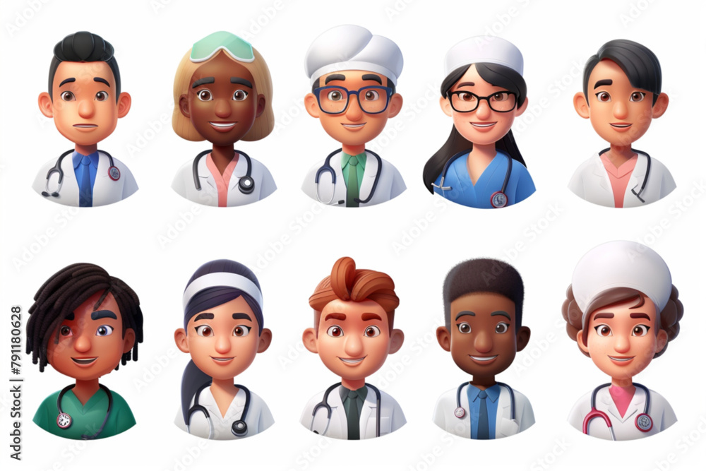Team of happy doctors and nurses. Health care workers. Vector illustration 3D avatars set vector icon, white background, black colour icon