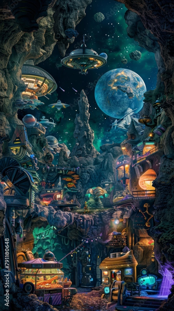 Obraz premium Urban art of city in cave with electric blue planet backdrop