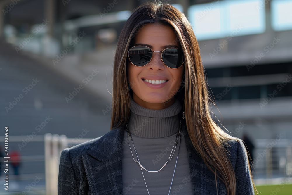 Woman wearing sunglasses and a black jacket is smiling