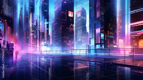 Night city panorama with neon lights and reflections. 3d rendering