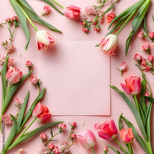 A beautiful banner with flowers on a light pink background  perfect for greeting cards for wedding  mothers day  or womans day  and other springtime celebrations. It features a flat lay style.