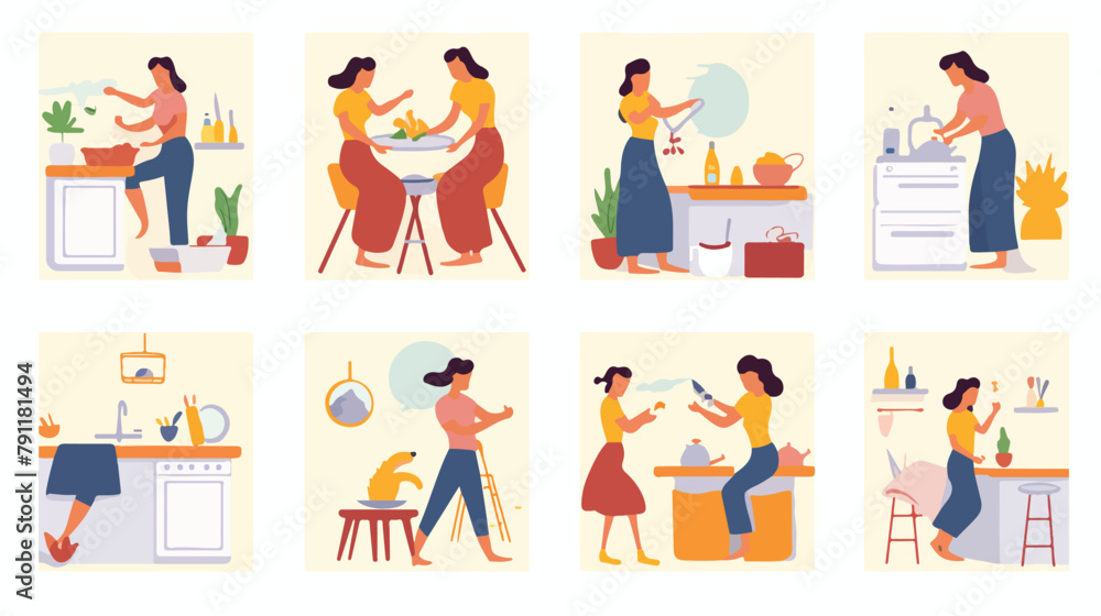Collection of scenes with woman or housewife doing