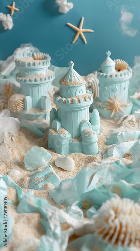 Fantasy aqua blue sandcastle amidst starfish and seashells with a whimsical ocean backdrop
